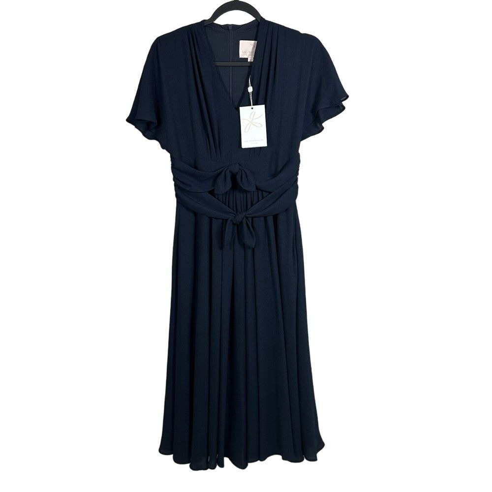 NWT Gal Meets Glam Size 2 Midi Dress Navy Blue Short Sleeve Tie Waist VNeck Knot